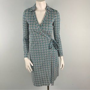 Diane Von Furstenberg Long Sleeve New Jeanne Two Wrap Dress Size 4 Diamond Print